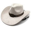 Close-up of suede cowboy hat featuring vintage leather band with ox head metal buckle - M (56-58cm) / Beige