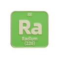 Green Radium chemical element enamel pin badge with silver metal border on white background - Element Ra Radium