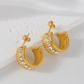 Golden twisted C-shaped earrings with round zircon inlay and textured rope design - 316 Stainless Steel / Gold