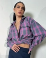 Detailed close-up of pink and navy plaid flannel shirt fabric with front chest pocket - S / Pink Purple