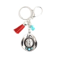 Silver cowboy hat keychain with turquoise bead and red tassel on a white background - Red