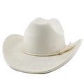 Close-up of beige suede western cowboy hat featuring woven band and side tassel detail - M (56-58cm) / Beige