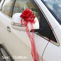 Wedding car mirror decor with red artificial roses and organza ribbons, 13x48cm - Burgundy