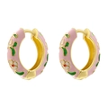 Vintage gold hoop earrings with pink enamel floral patterns and white flowers - Pink White Petals