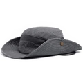 Dark grey outdoor sun hat with breathable mesh and adjustable chin strap shown at a 45-degree angle - Gray