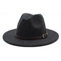 Detail of dark gray wool fedora featuring a vintage brown leather belt with gold buckle - M (56-58cm) / Black