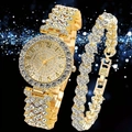 Elegant gold-tone women's watch and bracelet set with sparkling crystal embellishments - Gold Number Dial + Bracelet