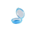 Detailed top view of an open blue translucent circular 3-compartment pill box organizer - QQ Box-4.2x1.5cm / Translucent Blue