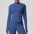 Detail of slim fit yoga jacket featuring thumb holes and ribbed side panels for flexibility - Blue Gray