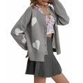 Grey knit cardigan featuring white heart patterns and button closure in a relaxed fit - S / Gray