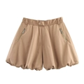 Pantalones cortos bombachos caqui para mujer con cintura alta elástica y cremalleras - S / Caqui