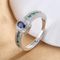 Vintage Silberring mit ovalem blauem Zirkonia und smaragdgrünen Steinen verziert - Einstellbar Offen / Blau