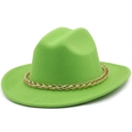 Detail of lime green felt fedora hat featuring a chunky gold chain decorative band - M (56-58cm) / Fruit Green