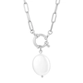 Minimalist silver paperclip chain necklace with large spring clasp and oval pearl pendant - Steel Color (KN229587-Z)