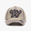 Beige washed cotton baseball cap with navy blue W letter embroidery and frayed brim detail - Khaki (24A226)