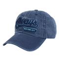 Detail of Always 75 embroidery and New York City patch on blue washed denim baseball cap - Adjustable / Navy Blue