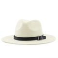 Close-up of woven straw fedora hat texture with black leather band and silver buckle - Creamy White