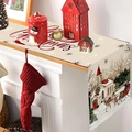 Vintage Christmas table runner featuring sled and reindeer on a white mantelpiece - Vintage Snowy Horse Sleigh / 181x35.5cm