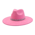 Detail of rose pink faux suede fedora hat with high-density rhinestone band decoration - 58 / Barbie Pink