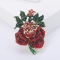Elegante spilla a forma di rosa con cristalli rossi e foglie verdi su base in lega - Rosso
