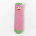 Pink coral fleece thermal sock with green accents and cute cartoon face with purple bows - Pink
