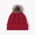 Winter red cable knit beanie for women featuring a fluffy faux fur pompom on top - Adjustable / Burgundy (24B014)