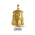 Macro shot of gold-plated Jesus head pendant showing intricate metallic details and carvings - Wide Jesus Portrait Style (OP05)