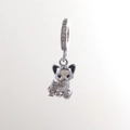 Detailed view of silver cat charm with black enamel eyes and a small fish pendant - Silver Cat