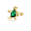 Detail of 18K gold-plated dinosaur ear cuff featuring a pear-cut green crystal stone - Green Standing Dinosaur Ear Cuff (EH00579)