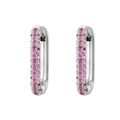 Silver huggie earrings with three rows of pink zircon stones in a polished finish - Silver-Pink Rhinestone