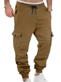 Men's heavy fleece cargo joggers in khaki with drawstring waist and flap pockets - Camel