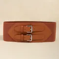 Women's brown high elastic wide corset belt featuring silver double pin buckle design - Double Pin Buckle Style / 809 Camel