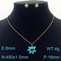 Golden titanium steel jewelry set featuring blue petal pendant necklace and earrings - Blue (KS201535-GG)