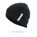 Detailed close-up of a black knit beanie with a stylish side rectangle patch decoration - One Size / Black