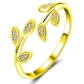 Adjustable S925 sterling silver olive leaf ring in gold finish with sparkling crystals - Adjustable Open / Gold