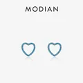 Elegant S925 sterling silver hollow heart stud earrings with blue stones on white background - Heart Style (RHE1018)