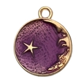 Round golden charm with purple enamel crescent moon and star patterns for DIY jewelry - Round Moon & Star (21x25mm)