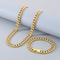 Polished 10mm golden Cuban chain necklace and bracelet set in minimalist hip hop style - Width 10mm, Bracelet 21cm / Style C Gold
