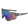 Men's cycling sunglasses with large colorful mirrored lens and grey translucent frame - Gray Frame Green Coating