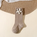Detail of baby knee-high knit sock in khaki with floral fabric and pearl accents - Xs 0-1 / Khaki
