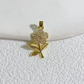 Gold plated flower pendant with white zircon micro-pave and green leaf stem design - Gold Pave Flower