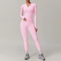 Pink two-piece yoga set featuring hooded zip jacket and high-waisted leggings - S / Top And Bottom / Sakura Pink