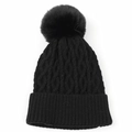 Dettaglio berretto nero in maglia a trecce con grande pompon in pelliccia sintetica - Taglia Unica (Elastico) / Nero