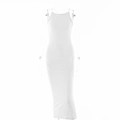 Detailed back view of a sleek white off-shoulder bodycon slit maxi dress on a mannequin - S / White