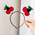 Handheld cute cherry headband with red felt fruit and green leaves on spring coils - Cherry Spring Hairband