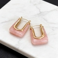 Pink resin C-shaped hoop earrings with polished gold-tone metal inlay for women - 14k Light Gold Pink (N-562)