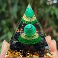Orgone crystal pyramid with green malachite sphere and obsidian stones - 5cm / A35-Malachite Flower of Life
