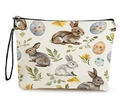 Easter egg canvas makeup bag with watercolor rabbit print and black zipper handle - Rabbit Green Leaf and Yellow Flower Pattern Style (Style 4)