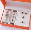 Roségoldene Blumenuhr und Herz-Schmuckset mit schwarzen Strasssteinen in Geschenkbox - Roségold Schwarzes Herz Set (Ohne Box)