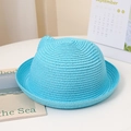 Chapeau de soleil enfant bleu vif en paille avec oreilles de chat mignonnes - Enfants (Avec Corde) / Bleu Ciel